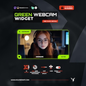 Może przedstawiać: Zielony widget kamery internetowej z kobietą w słuchawkach i okularach. Grafika zawiera tekst "Green Webcam Widget" i "One Click Install". Dodatkowe funkcje obejmują ikony mediów społecznościowych, tryb celu, krycie czatu i zdarzenia włączania/wyłączania.