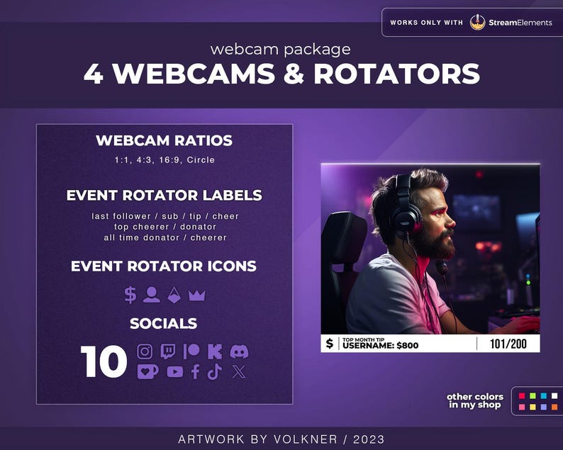 May include: Purple and white graphic design for a Twitch overlay with the text "4 WEBCAMS & ROTATORS". The design includes a purple background with white text and icons. The design also includes a section for social media icons and a section for event rotator labels and icons.