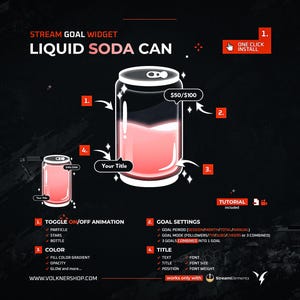 May include: A red and black soda can with a white label that says "£50/£100". The can is filled with a pink liquid and has a white rim. The can is a visual representation of a stream goal widget for Twitch or YouTube.