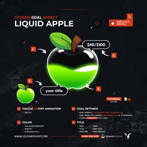 May include: A green and black liquid apple animated stream goal widget with the text "Liquid Apple" and "$40/$100". The widget is customizable with options for color, animation, and goal settings. It works with StreamElements.