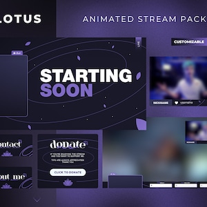 Paquete de secuencias animadas de Lotus | Paquete de superposición de flujo púrpura estético mínimo | superposiciones, paneles, cámara web | Amigable con Vtuber | AOS