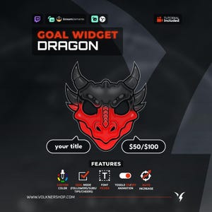 May include: A digital goal widget graphic featuring a stylized dragon head in black and red. The design includes text fields for a title and progress bar labeled $50/$100, with icons for custom color, goal mode, font picker, animation, and auto increase.