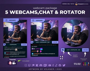 Purple Webcam Overlay for Twitch | Webcam Border and Rotator Widget | Subs/Follower/Tip | Rotating Social Media Overlay | Streamelements