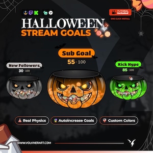 Op de afbeelding: Een digitale Halloween stream doelen overlay met drie pompoenbakjes in grijs, oranje en groen. De afbeelding bevat tekstlabels voor Sub Goal, New Followers en Kick Hype, samen met voortgangsbalken, snoepafbeeldingen en diverse iconen.