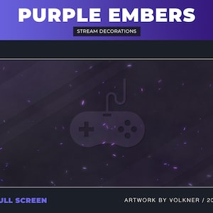 Peut inclure: Manette de jeu vidéo violette et noire avec un cordon violet sur un fond sombre avec des étincelles violettes. Le texte "PURPLE EMBERS STREAM DECORATIONS" est en haut de l'image. Le texte "FULL SCREEN" est en bas à gauche de l'image. Le texte "ARTWORK BY VOLKNER / 2023" est en bas à droite de l'image.
