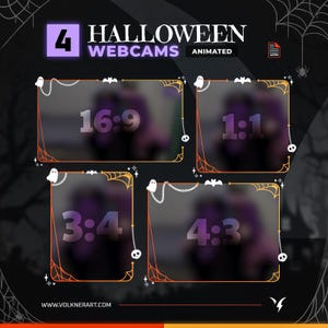 Puede incluir: Gráfico para webcams de Halloween, con cuatro relaciones de aspecto diferentes: 16:9, 1:1, 3:4 y 4:3. Cada marco está decorado con telarañas naranjas y acentos blancos de fantasmas y murciélagos sobre un fondo oscuro. La palabra "HALLOWEEN" está en la parte superior.