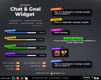 Puede incluir: Un diseño gráfico colorido para un widget de chat y objetivos de transmisión de Twitch. El diseño presenta un fondo oscuro con una variedad de elementos coloridos, que incluyen cuadros de texto, barras de progreso y botones. El texto "stream Chat & Goal Widget" se muestra en la parte superior del diseño. El diseño también incluye el texto "WORKS ONLY WITH StreamElements" y "ARTWORK BY VOLKNER / 2024".