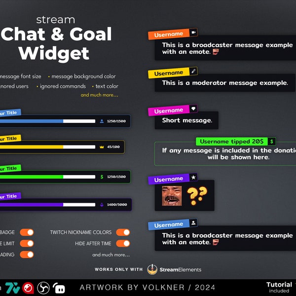Widget de chat Twitch | Cuadro de chat de transmisión con widget de objetivo | Colores personalizables | OBS | Elementos de transmisión