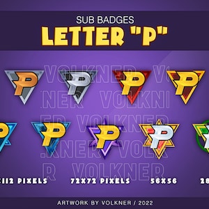 Emblemas de inscrição da letra P do Twitch | 9 Emblemas de Sub/Bit |  Inscritos do Twitch/YouTube