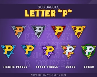 May include: A set of nine digital badges featuring the letter "P" in a variety of styles and colors. The badges are in the shape of a triangle with a star or lightning bolt design. The badges are available in sizes ranging from 28x28 pixels to 112x112 pixels. The text "SUB BADGES LETTER "P"" is at the top of the image. The text "ARTWORK BY VOLKNER / 2022" is at the bottom of the image.