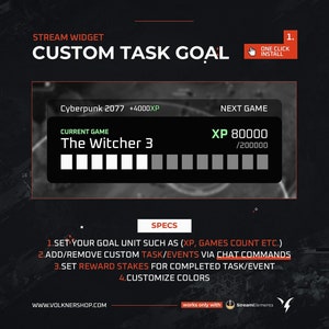 May include: A black and white image of a StreamElements widget for Twitch streamers. The widget is a custom task goal tracker that allows streamers to set goals for their viewers to achieve. The widget features a progress bar, a current game, a next game, and a customizable goal unit. The widget is designed to be used with StreamElements.