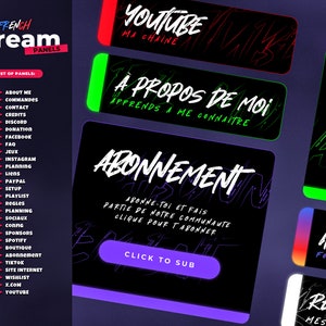 Op de afbeelding: Een set van 28 aanpasbare Twitch-streampanelen in het Frans. De panelen zijn zwart met neon groen, roze en blauwe accenten. De panelen bevatten titels zoals "Over mij", "Opdrachten", "Contact", "Credits", "Discord", "Donatie", "Facebook", "FAQ", "Spellen", "Instagram", "Planning", "Links", "Paypal", "Instellen", "Afbeeldingenlijst", "Regels", "Planning", "Sociaal", "Configuratie", "Sponsors", "Spotify", "Winkel", "Abonnement", "TikTok", "Website", "Wensenlijst", "X.com", "YouTube", "Over mij", "Leer mij kennen", "Abonnement", "Abonneer je en word onderdeel van onze community. Klik om je te abonneren", "Klik om je te abonneren", "Insta", "Volg mij", "Netwerk", "Mijn sociale netwerken".