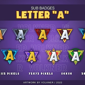 Emblemas de inscrição da letra A do Twitch | 9 Emblemas de Sub/Bit |  Inscritos do Twitch/YouTube