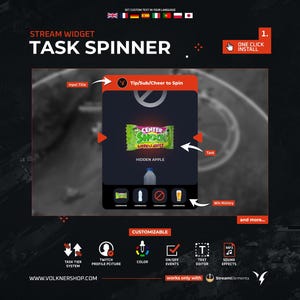 Puede incluir: Un widget de transmisión colorido con una rueda giratoria que presenta una barra de caramelo verde y roja con el texto "Center Shock Green Apple". El widget es personalizable con opciones para el sistema de niveles de tareas, la imagen de perfil de Twitch, el color, los eventos de activación/desactivación, el editor de texto, los efectos de sonido y más. Funciona con StreamElements.