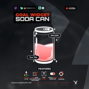 Pode incluir: Gráfico digital com um design de lata de refrigerante rotulado como "GOAL WIDGET SODA CAN". A lata contém líquido rosa e campos de texto para personalização. As características incluem cor personalizada, modo de meta, seletor de fonte, alternância de animação e aumento automático.