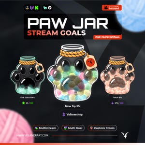 以下が含まれることがあります： PAW JAR STREAM GOALSと題されたデジタルグラフィックセット。ロープのアクセントが付いた3つの肉球型ガラス瓶が特徴です。瓶の中にはカラフルな毛糸玉が入っており、Kick Subscribers、New Tip 25、Twitch Bitsの進捗バーが表示されています。Multistream、Multi Goal、Custom Colorsのアイコンが含まれています。