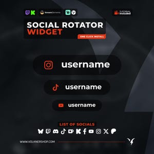 May include: A digital social rotator widget graphic featuring the text SOCIAL ROTATOR WIDGET and ONE CLICK INSTALL. It displays three horizontal bars with Instagram, TikTok, and YouTube icons followed by username placeholders and a list of social media icons.