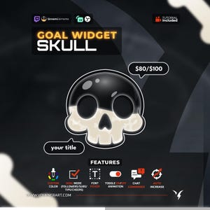 Könnte beinhalten: Digitalgrafik mit einem stilisierten Schädeldesign, schwarz und cremefarben, mit der Aufschrift "GOAL WIDGET SKULL". Der Text "your title" und "FEATURES" sind ebenfalls enthalten, zusammen mit Symbolen und Funktionsbeschreibungen.