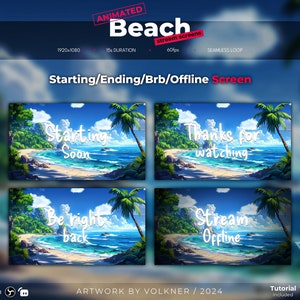 Puede incluir: Pantallas de transmisión en directo animadas de playa para el inicio, el final, la pausa y fuera de línea. Las pantallas presentan una playa tropical con palmeras, agua azul y arena blanca. El texto en las pantallas incluye "Starting Soon", "Thanks for watching", "Be right back" y "Stream Offline".