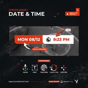 Könnte beinhalten: Ein rotes und weißes Stream-Widget mit dem Text "STREAM WIDGET DATE & TIME" und einer Uhr, die "MON 08/12 9:23 PM" anzeigt. Das Widget ist anpassbar mit Optionen für Farbe, Schriftart, Zeitzone, Uhrtyp und Position. Es funktioniert mit StreamElements.