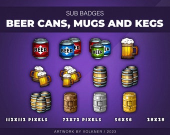 May include: A set of 10 digital illustrations of beer cans, mugs, and kegs in various sizes. The illustrations are in a cartoon style and feature different colors, including red, blue, green, and gold. The text "BEER" appears on some of the cans. The illustrations are labeled with their pixel dimensions: 112x112, 72x72, 56x56, and 28x28.