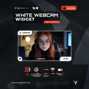 Puede incluir: Widget de webcam blanco con tutorial incluido. La imagen muestra a una mujer pelirroja con gafas y auriculares. El widget incluye opciones para nombre de usuario, redes sociales, modo objetivo, opacidad del chat y ajustes de tamaño.