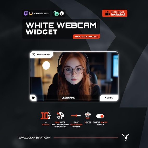 Twitch White Webcam Overlay - 3 size with Event & Social Media Rotator Widget for Streamelements - Instant Download