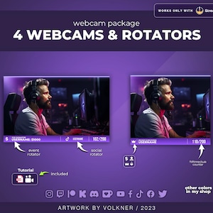 Peut inclure: Un pack de webcam StreamElements violet et noir avec quatre rotateurs pour Twitch et YouTube. Le pack comprend un rotateur de donateur principal, de médias sociaux et de comptage des abonnés. L'image montre un joueur dans une pièce sombre avec un casque sur les oreilles, regardant un écran d'ordinateur. Le texte "WORKS ONLY WITH StreamElements" est dans le coin supérieur droit de l'image. Le texte "webcam package" est dans le centre supérieur de l'image. Le texte "4 WEBCAMS & ROTATORS" est au centre de l'image. Le texte "ARTWORK BY VOLKNER / 2023" est dans le centre inférieur de l'image.