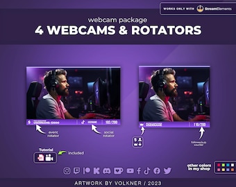 Purple Webcam Overlay for Twitch | Gradient Webcam and Rotator Widget | Subs/Follower/Tip | Rotating Social Media Overlay | Streamelements