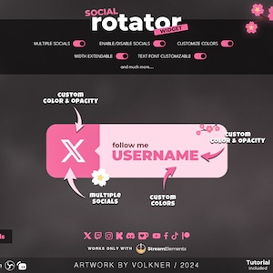 Könnte beinhalten: Ein rosa-weißes Social-Media-Rotator-Widget mit dem Text "follow me USERNAME" und einem rosa "X" in der Mitte. Das Widget bietet Optionen für mehrere soziale Medien, benutzerdefinierte Farben und die Anpassung der Schriftart. Es funktioniert mit StreamElements und beinhaltet ein Tutorial.