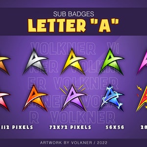 Puede incluir: Un conjunto de diez insignias de letras 'A' de diferentes colores en varios tamaños. Las insignias tienen la forma de una estrella con una punta puntiaguda. Las insignias están disponibles en los siguientes tamaños: 112x112 píxeles, 72x72 píxeles, 56x56 píxeles y 28x28 píxeles. Las insignias están diseñadas por Volkner.