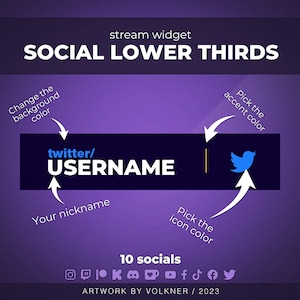May include: A purple background with a black banner that says "twitter/USERNAME" in white text. The banner has a blue bird icon on the right side. The text "Change the background colour" is above the banner, and the text "Pick the accent colour" is to the right of the banner. The text "Your nickname" is below the banner. The text "Pick the icon colour" is below the bird icon. The text "10 socials" is below the banner. There are 10 social media icons below the text. The text "ARTWORK BY VOLKNER / 2023" is below the icons.