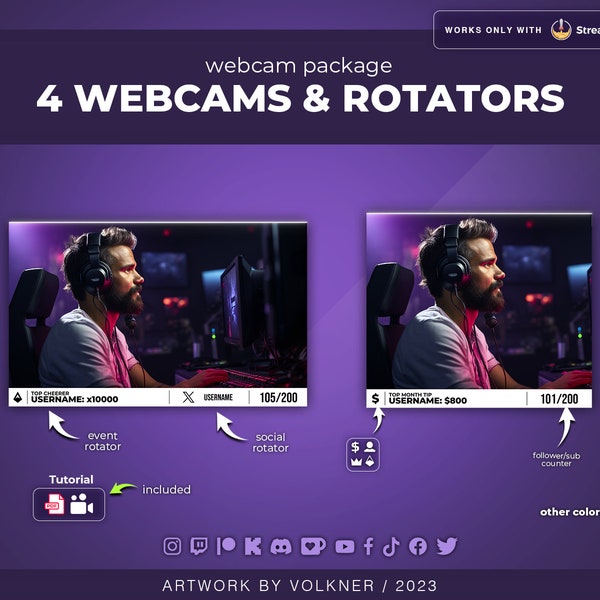 Superposition de webcam blanche pour Twitch | Webcam et widget rotateur | Abonnés/Suiveur/Astuce | Superposition rotative des médias sociaux | Éléments de flux