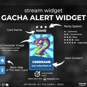 May include: A digital illustration of a gacha alert widget for Twitch streamers. The widget features a card with a green and purple snake character, a rarity system, and customizable colors. The text "just subscribed x3" is displayed on the card.