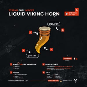 Puede incluir: Gráfico digital para un widget de objetivo de transmisión, con un cuerno vikingo estilizado en tonos dorados y marrones. El diseño incluye elementos de texto como "Liquid Viking Horn" y opciones de personalización, sobre un fondo oscuro.