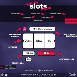 Puede incluir: Un gráfico morado y rosa para un juego de máquina tragaperras con el texto "MEGATHON slots WIDGET" en la parte superior. El gráfico incluye opciones para establecer las tasas, personalizar los colores y agregar alertas de eventos. El gráfico también incluye una máquina tragaperras con tres ranuras etiquetadas como "20m", "10m" y "1h". El gráfico incluye un botón etiquetado como "SPIN".