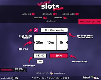 May include: A purple and pink graphic for a slot machine game with the text "MEGATHON slots WIDGET" at the top. The graphic includes options for setting rates, customizing colors, and adding event alerts. The graphic also includes a slot machine with three slots labeled "20m", "10m", and "1h". The graphic includes a button labeled "SPIN".