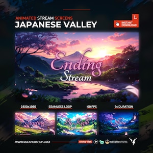 Może przedstawiać: Animowane ekrany strumieniowe z motywem japońskiej doliny. Ekrany przedstawiają zachód słońca nad rzeką z górami w tle. Tekst "Ending Stream" jest wyświetlany w różowym, ozdobnym pisem. Ekrany mają rozdzielczość 1920x1080 pikseli, są w pętli bez końca, 60 FPS i trwają 7 sekund.