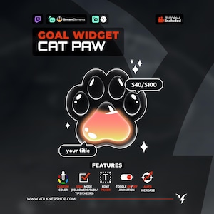 Pode incluir: Um widget digital de meta em formato de pata de gato com contorno preto, centro em degradê laranja e amarelo e brilhos brancos. O texto inclui GOAL WIDGET CAT PAW, $40/$100, your title e ícones para cor personalizada, modo de meta, fonte, animação e aumento automático.