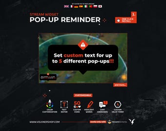 Twitch Reminder Widget (Customizable) | Pop-up Twitch | 50 Icons | Custom Commands | Streamelements | OBS