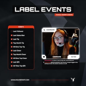 May include: A digital graphic with the text "LABEL EVENTS" and a toggle. It features a list of events and a user interface with a photo of a person wearing a headset. The website address is www.volknerart.com.
