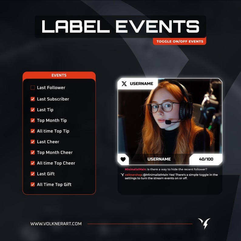 May include: A digital graphic with the text "LABEL EVENTS" and a toggle. It features a list of events and a user interface with a photo of a person wearing a headset. The website address is www.volknerart.com.