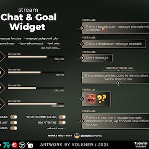 Może przedstawiać: Zielono-czarny nakładkowy interfejs cyfrowy dla strumieni Twitch z tekstem "Chat & Goal Widget". Nakładka zawiera pasek postępu, przełącznik i tekst "Works Only With StreamElements".