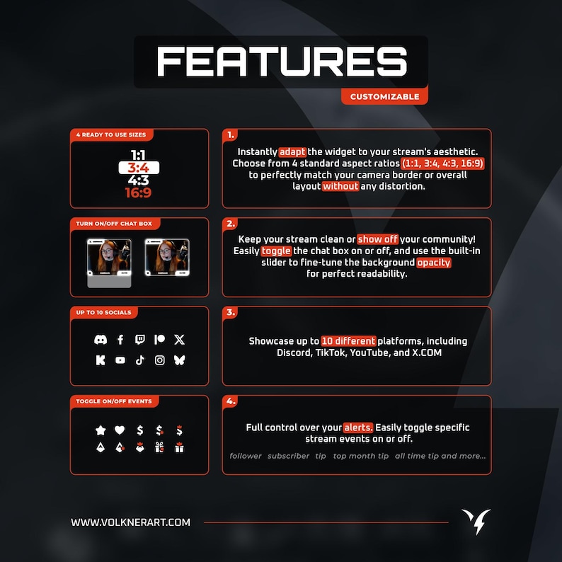 Twitch White Webcam Overlay - 3 size with Event & Social Media Rotator Widget for Streamelements - Instant Download image 2