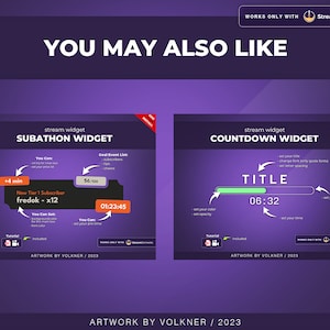 May include: Two StreamElements widget designs for Twitch streamers. The first widget is a subathon widget with a timer, a progress bar, and a subscriber count. The second widget is a countdown widget with a timer, a progress bar, and a title bar.