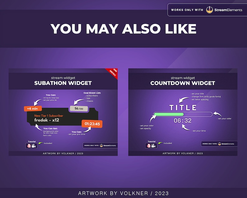 May include: Two StreamElements widget designs for Twitch streamers. The first widget is a subathon widget with a timer, a progress bar, and a subscriber count. The second widget is a countdown widget with a timer, a progress bar, and a title bar.