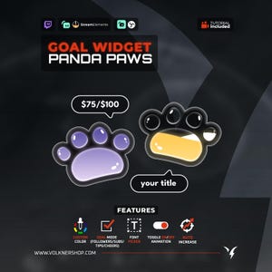 Könnte beinhalten: Eine digitale Ziel-Widget-Grafik mit dem Titel Panda Paws, die zwei pfotenförmige Symbole in Lila und Gelb zeigt. Das Design enthält Textelemente wie $75/$100 und your title sowie Symbole für benutzerdefinierte Farben, Zielmodus, Schriftart und Animation.