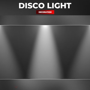May include: A digital image showing a rectangular frame with three bright spotlights shining in the centre. The words "DISCO LIGHT" are at the top, with "DECORATION" below, all in white text against a dark grey background.