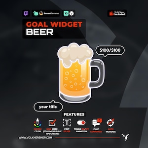 Op de afbeelding: Een digitale doel-widget-afbeelding met een bierpul met schuim, gelabeld GOAL WIDGET BEER. Het bevat een $100/$100 voortgangsindicator, een tekstvak met de tekst your title en iconen voor aangepaste kleur, doelmodus, lettertype en animatie.