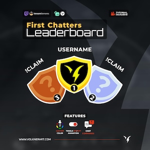 May include: A digital graphic for a Twitch leaderboard, featuring the text "First Chatters Leaderboard" and "Username." It includes three shield-shaped badges with numbers and question marks, along with icons for custom color, animation, and chat commands.